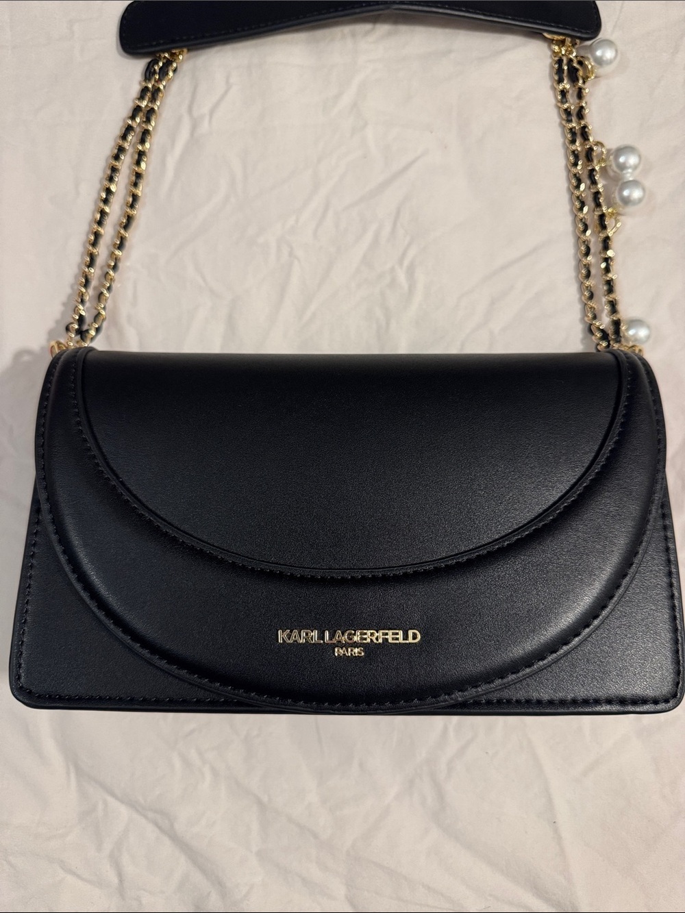 Karl Lagerfeld Black Leather Shoulder Bag with Gold Chain and Pearl Accents - Picture 5 of 10